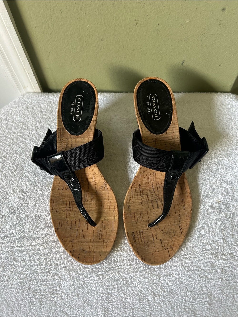 Coach Black Cork Thong Wedge Sandals with Buckle Detail Sz 9